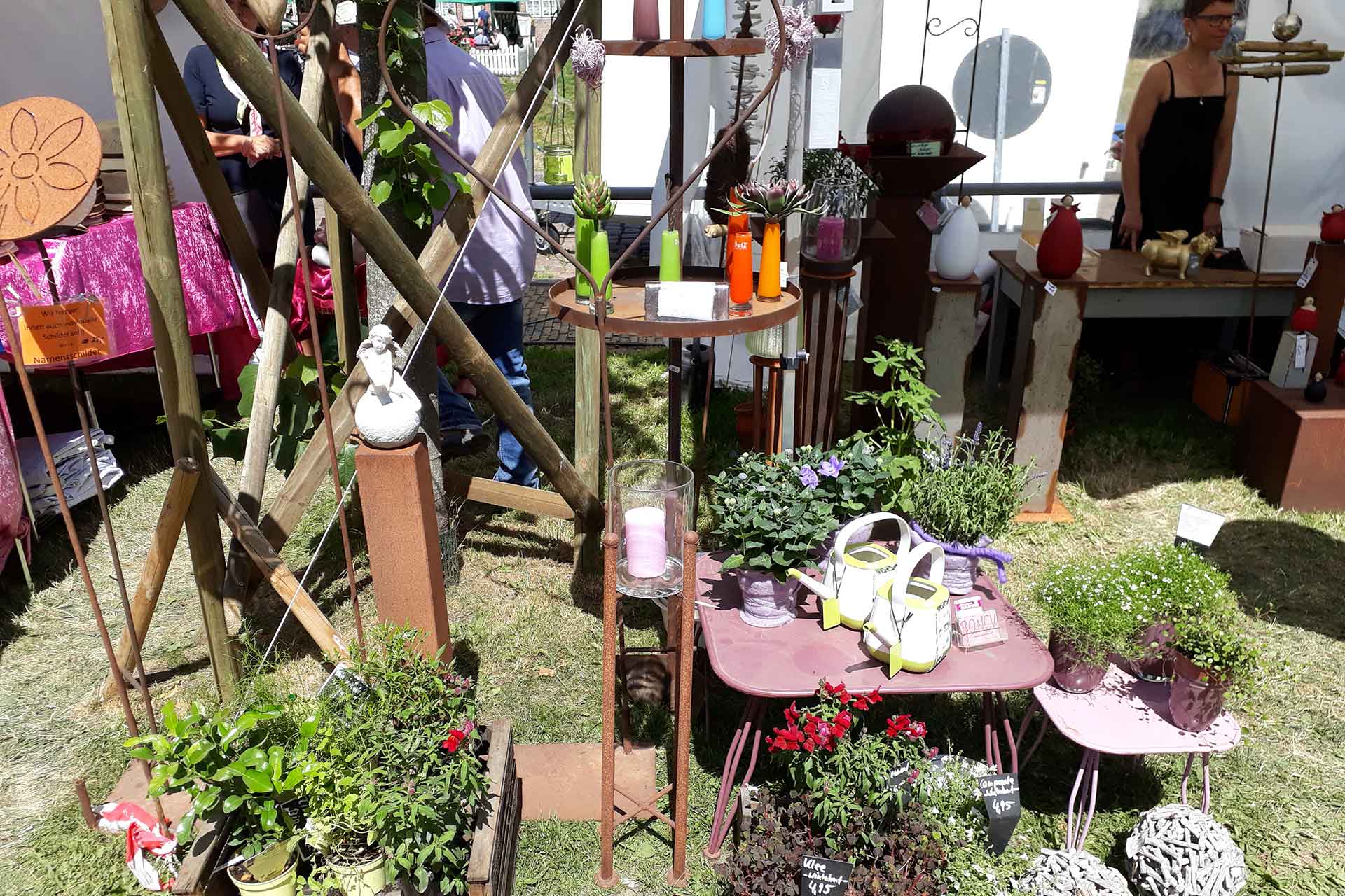 verschiedene Gartenpflanzen und Gartendeko